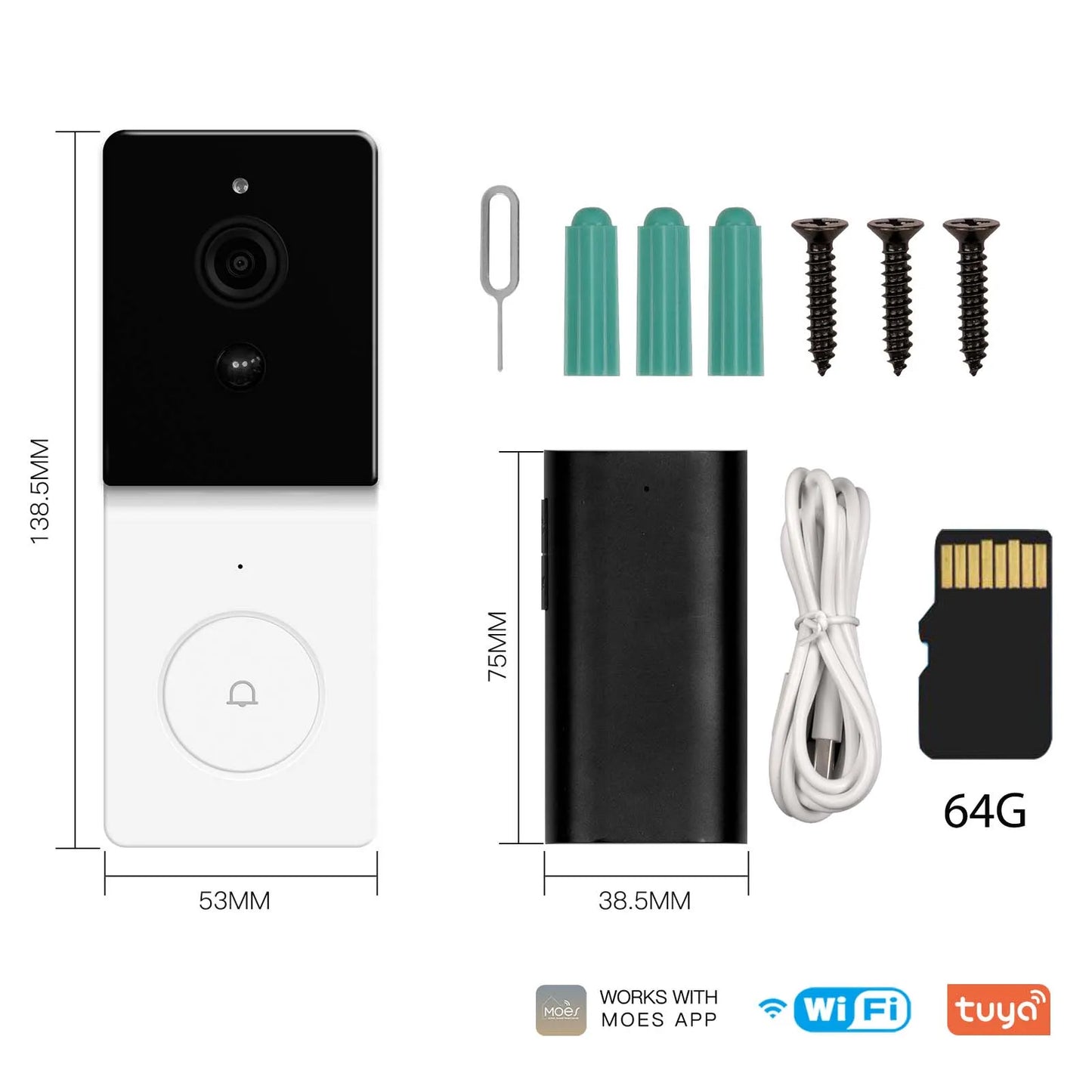 Tuya 1080P Smart Wifi Video Doorbell Camera Wireless 2-Way Audio Intercom Night Vision with 64 GB SD Card，Home Security