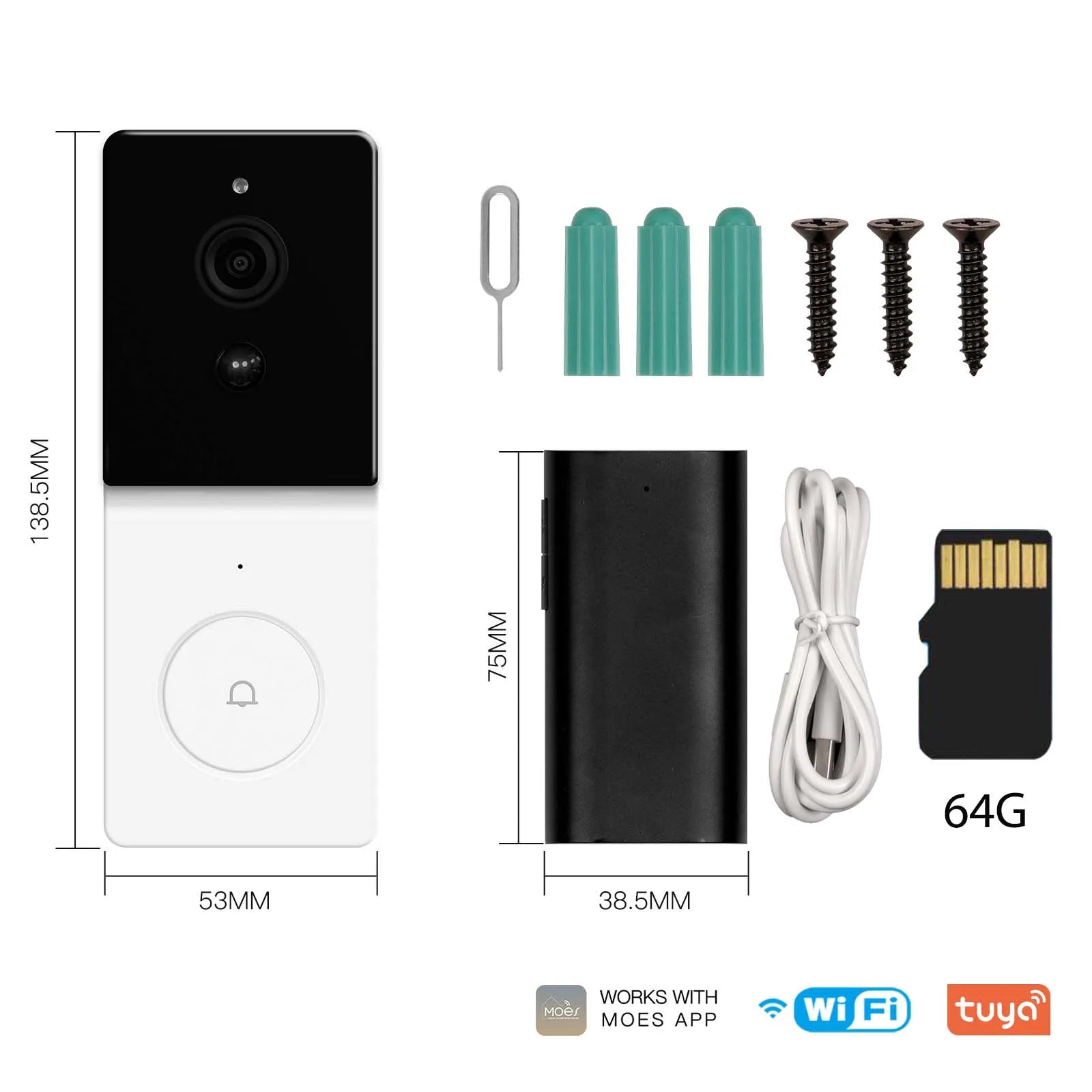 Tuya 1080P Smart Wifi Video Doorbell Camera Wireless 2-Way Audio Intercom Night Vision with 64 GB SD Card，Home Security